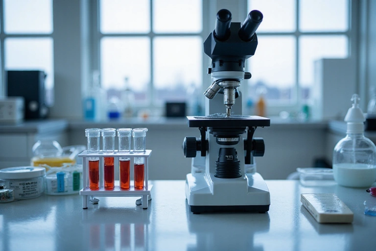 Mikroskop i probówki w laboratorium, symbolizujące naukowe podejście i badania.