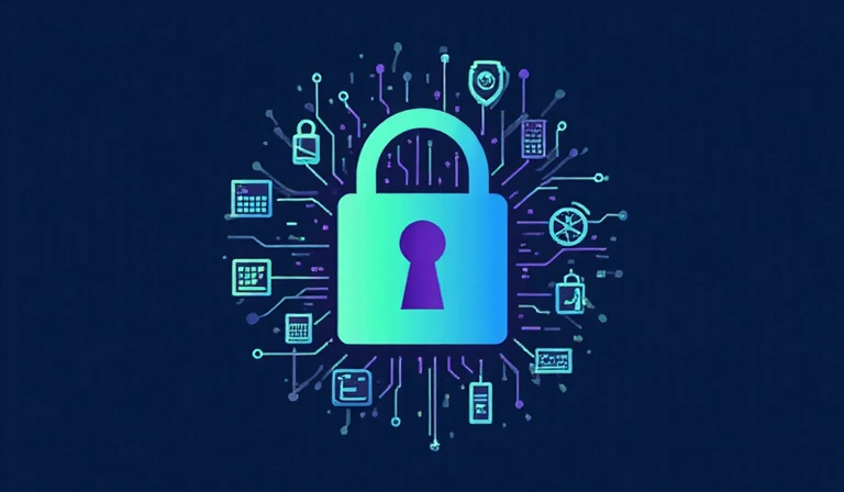 Cybersecurity lock icon with abstract data streams around it